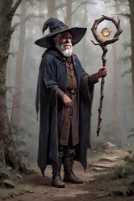 score_9, score_8_up, score_7_up, oil painting, traditional media, realistic, wizard, old, 1boy, old man, male focus, hat, beard, solo, staff, witch hat, facial hair, forest, nature, robe, long hair, looking at viewer, tree, holding, white hair, outdoors, holding staff, boots <lora:Cold Oil Style SDXL_LoRA_Pony Diffusion V6 XL:1>