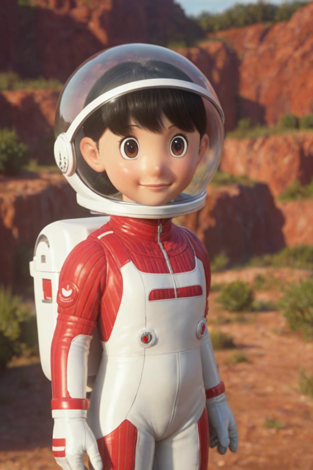 score_9, score_8_up, score_7_up, score_6_up, score_5_up, score_4_up, source_anime,minamoto shizuka,cowboy shot, 1girl, solo, smile, Girl in a spacesuit stepping onto the surface of Mars, Earth visible in the distance, vast red landscape, futuristic colony in the background, sense of wonder and exploration, epic sci-fi scene, hyper-realistic detail, child,masterpiece, perfect face, best quality, beautiful eyes, shiny eyes, anime coloring, anime screencap, absurdres, award winning, <lora:minamoto shizuka 3d pony 905:0.8>