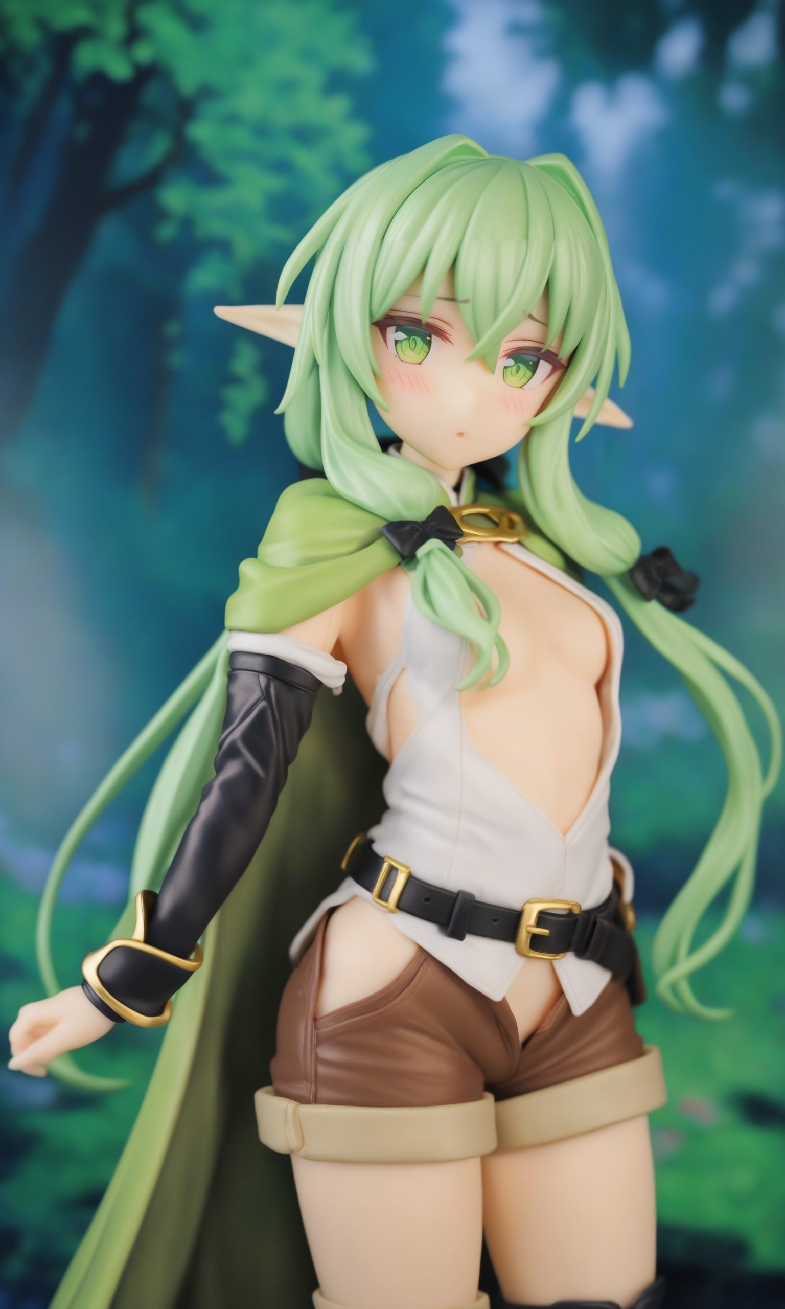 figure,masterpiece,best quality,<lora:high_elf:1>,highres,cape,black_belt,bow,solo,looking_at_viewer,1girl,outdoors,brown_shorts,high_elf_archer_\(goblin_slayer!\),belt_buckle,sidelocks,cowboy_shot,blush,english_commentary,small_breasts,open_shorts,no_panties,tree,forest,short_shorts,