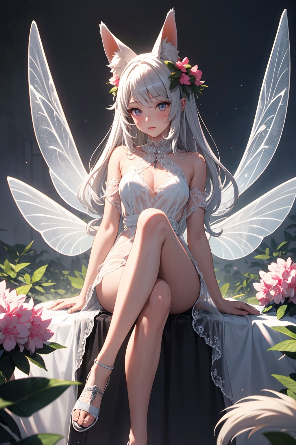 (masterpiece, best_quality, ultra-detailed, immaculate:1.3),epic,illustration,render,volumetric lighting,welcoming,gray Rhododendron faerie,fox ears,see-through gossamer,in a Roman,ancient landscape,bombshell hair,white hair,Deep Side Part,bombshell hime cut,crossed ankles,