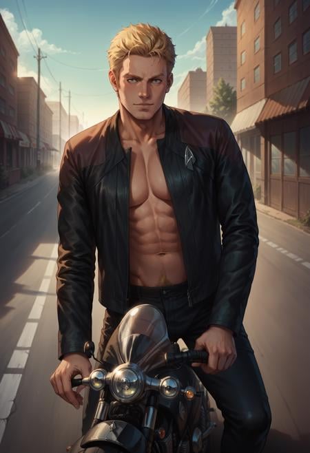 core_9, score_8_up, score_7_up ,score_6_up, man,blonde hair,short hair,modern haircut,road scenery,motorcycle,pcdjck,Star trek jacket,red shoulders,topless,<lora:PicardJacketPony>