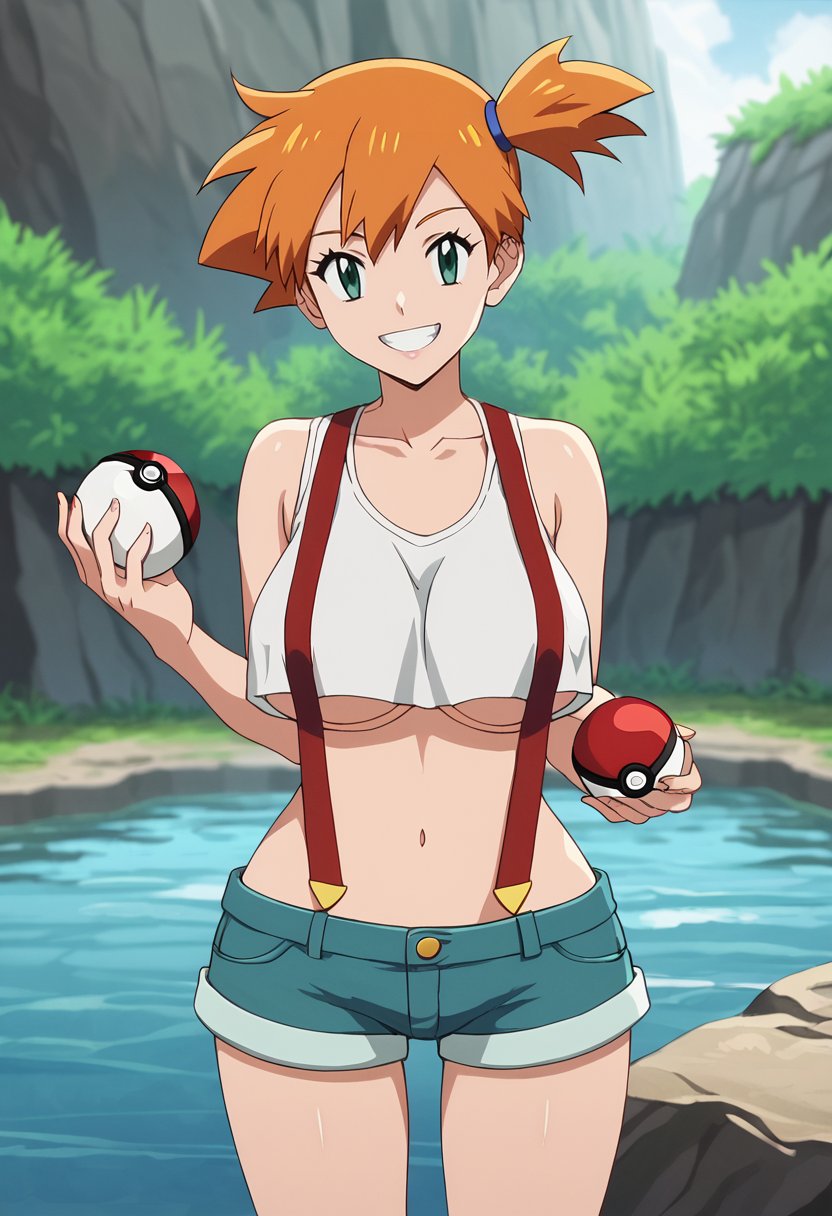 score_9, score_8_up, score_7_up,source_anime,anime coloring,perfect anatomy,cinematic_shadow,anime screencap,<lora:animestyle:1>finetuneanimeBREAK <lora:misty:1>misty, 1girl, misty (pokemon), breasts, poke ball, poke ball (basic), suspenders, smile, green eyes, side ponytail, shorts, water, underboob, holding poke ball, orange hair, grin, pokemon (creature), holding, navel, large breasts, looking at viewer, short hair, crop top, day, midriff, no bra, tank top, denim, denim shorts, outdoors, collarbone, crop top overhang, teeth, artist name, armpits