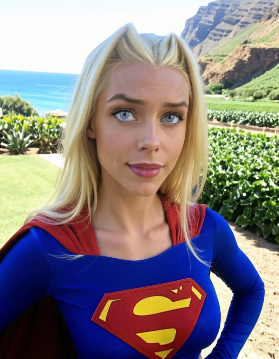 Selfie photo, <lora:C006B8F3A3:1> kara-zor-el, blonde hair, dark skin, blue eyes, supergirl costume, on holiday, supergirl emblem