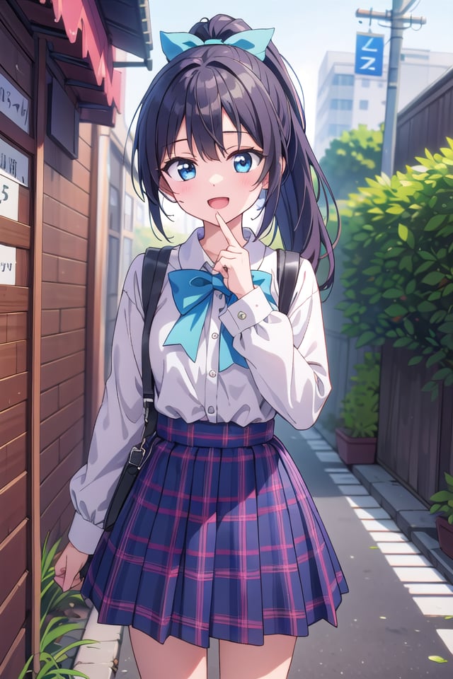insanely detailed, absurdres, ultra-highres, ultra-detailed, best quality,1girl, solo, nice hands, perfect handsBREAKjirai kei,plaid skirt, shirt, long sleeves, bow, blue skirt, white shoulder frilly shirt, outdoors, blue bow, long hair, (cleavage:-1.5)BREAKhappy smile, laugh, open mouthBREAK45 angle,standing, cowboy shot, looking at viewerBREAKslender, kawaii, perfect symmetrical face, ultra cute girl, ultra cute face, ultra detailed eyes, ultra detailed hair, ultra cute, ultra beautifulBREAKin japanese street, cityscape in japan, depth of field, ultra detailed backgroundBREAKlarge breastsBREAKblack hair, black eyes, ponytail,