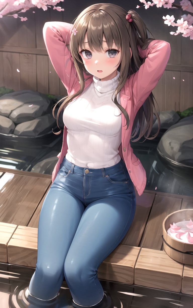 (masterpiece, best quality:1.4), insaneres, absurdres, solo, looking at viewer,BREAK FAP_ARTSTYLE_sasaame_ra_ownwaifu,1girl, black eyes, brown hair, long hair, medium breasts, makeup,long sleeves, sweater, pink jacket, turtleneck, blue pants, formal, (sitting, soaking feet, arms behind head), onsen, mount fuji, cherry blossoms, outdoors,<lora:FAP_ARTSTYLE_sasaame_ra_ownwaifu:0.65>, depth of field 