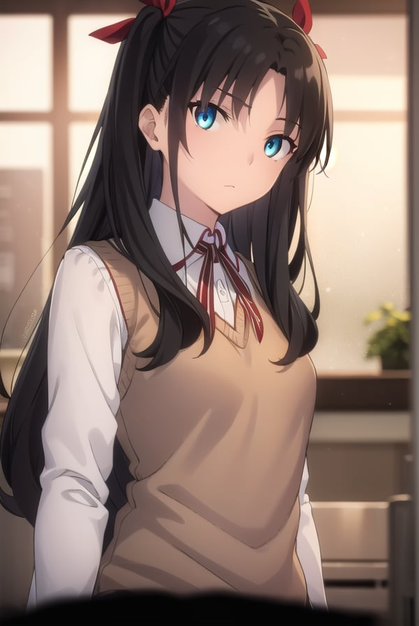 rintohsaka, <lora:rin tohsaka ubw-lora-nochekaiser:1>, rin tohsaka, aqua eyes, (black hair:1.5), hair ribbon, long hair, ribbon, sidelocks, two side up, (parted bangs:1.5),BREAK (brown sweater vest:1.2), collared shirt, homurahara academy school uniform, neck ribbon, red ribbon, ribbon, school uniform, shirt, sweater vest, white shirt,BREAK indoors, classroom,BREAK looking at viewer, (cowboy shot:1.5)BREAK <lyco:GoodHands-beta2:1>, (masterpiece:1.2), best quality, high resolution, unity 8k wallpaper, (illustration:0.8), (beautiful detailed eyes:1.6), extremely detailed face, perfect lighting, extremely detailed CG, (perfect hands, perfect anatomy),