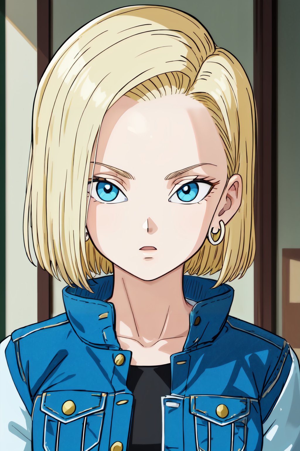 masterpiece, detailed face, android 18,1girl, solo\nlooking at viewer, short hair, blue eyes, blonde hair, indoors, shirt, jewelry, closed mouth, collarbone, jacket, upper body, earrings, black shirt, denim, blue jacket, portrait, striped sleeves, white sleeves, denim jacket <lora:4ndro1d_18-000008:0.8>