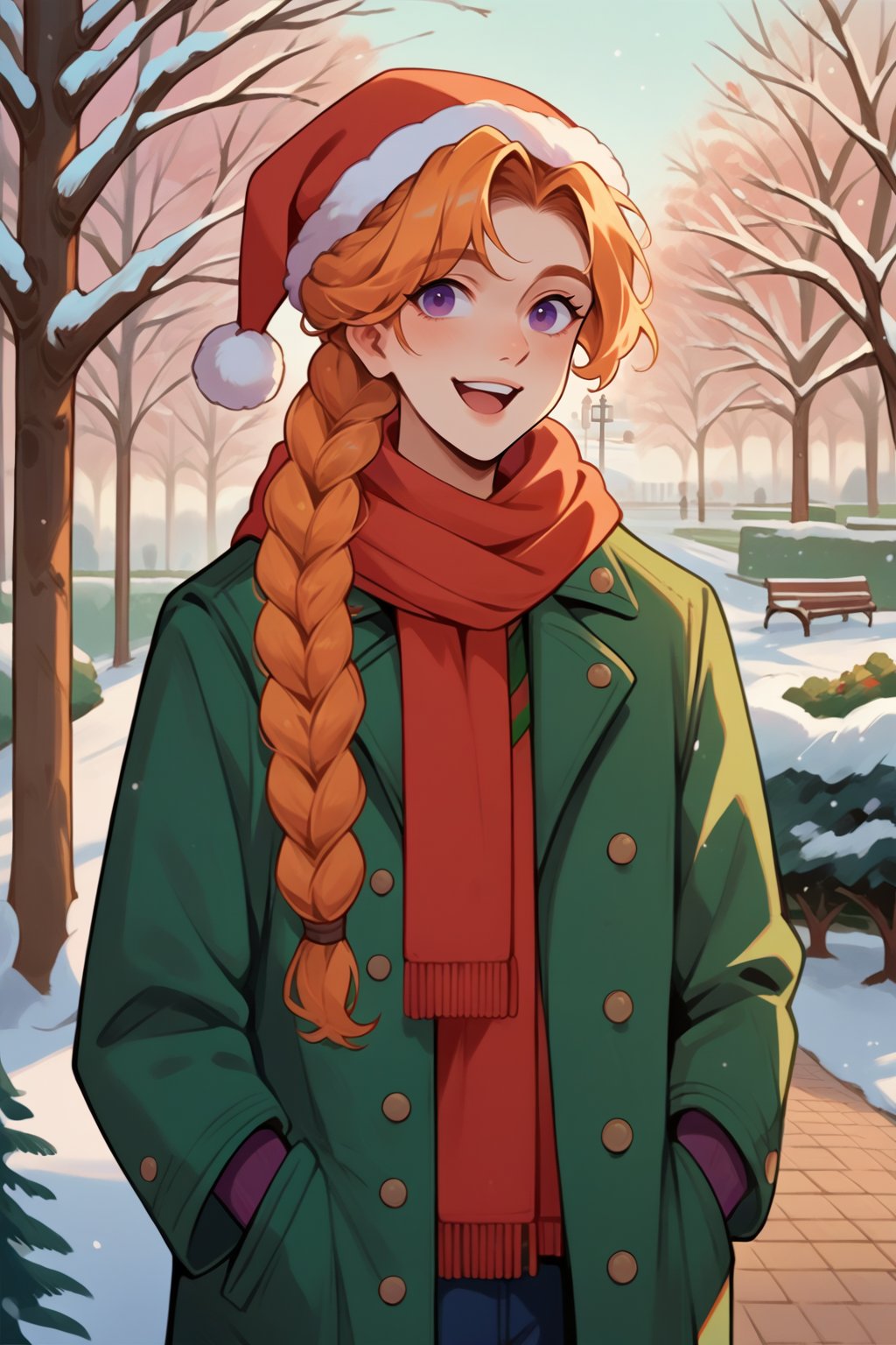 score_9, score_8_up, score_7_up, source_anime, 1girl, solo, <lora:NSLeahStardew:1> NSLeahStardew, orange hair, long hair, braid, braid in front, purple eyes, winter, red scarf, long coat, fur coat, green coat, trees, park, outdoors, white background, happy, red santa hat