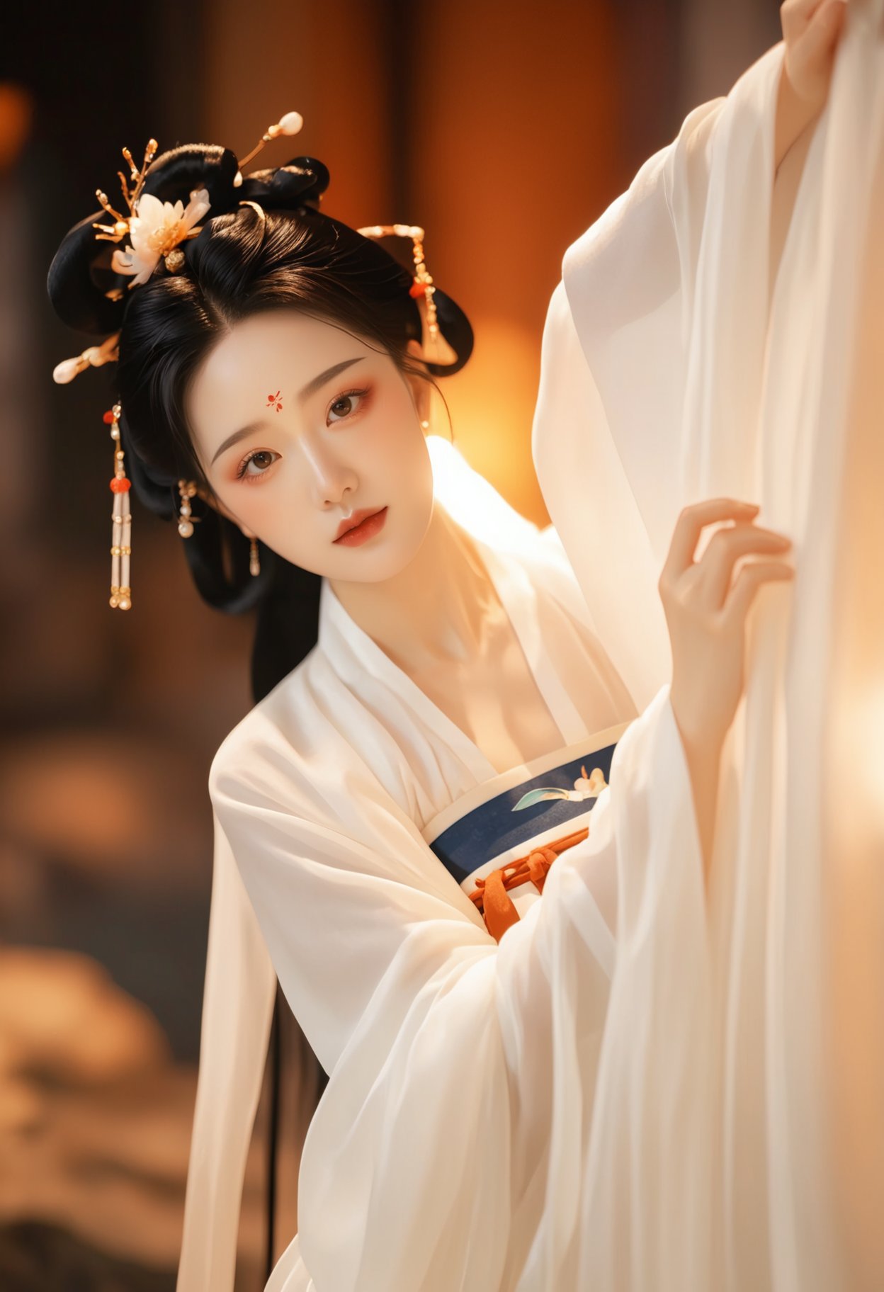 Photograph, traditional Chinese attire, woman in flowing white hanfu, intricate hair ornaments, delicate makeup, serene expression, soft lighting, blurred background with warm tones, ancient dynasty ambiance, elegant and poised, cultural heritage, historical ambiance.