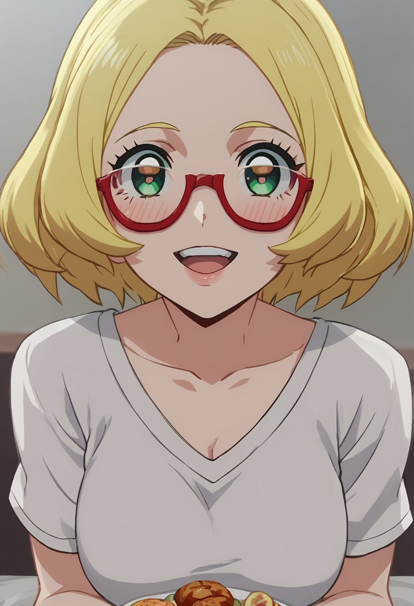 score_9, score_8_up, score_7_up,source_anime,anime coloring,perfect anatomy,cinematic_shadow,anime screencap,<lora:animestyle:1>finetuneanimeBREAK <lora:bianca:1>bianca, 1girl, bianca (pokemon), solo, blonde hair, green eyes, glasses, food, red-framed eyewear, dress, semi-rimless eyewear, looking at viewer, open mouth, sitting, blush, under-rim eyewear, short hair, smile, eyelashes, medium hair, upper body, breasts, teeth