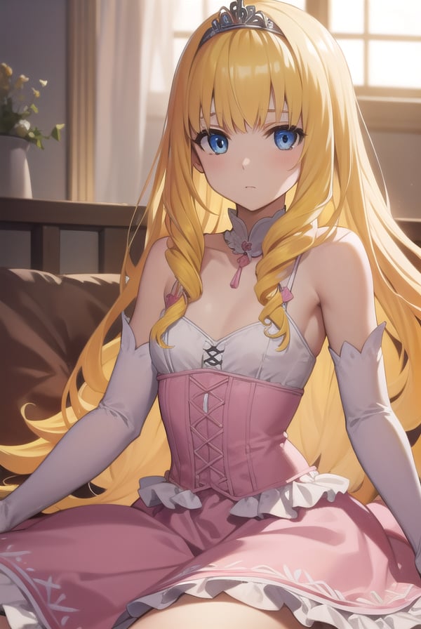 latifafleuranza, <lyco:latifafleuranza-lyco-nochekaiser:1>,latifa fleuranza, (yellow hair:1.5), blue eyes, long hair, (flat chest:1.2),BREAK diadem, tiara, elbow gloves, gloves, white gloves, dress, frilled dress, long skirt, frilled skirt, corset, (pink dress:1.5),BREAK looking at viewer, full body,BREAK indoors,BREAK <lyco:GoodHands-beta2:1>, (masterpiece:1.2), best quality, high resolution, unity 8k wallpaper, (illustration:0.8), (beautiful detailed eyes:1.6), extremely detailed face, perfect lighting, extremely detailed CG, (perfect hands, perfect anatomy),