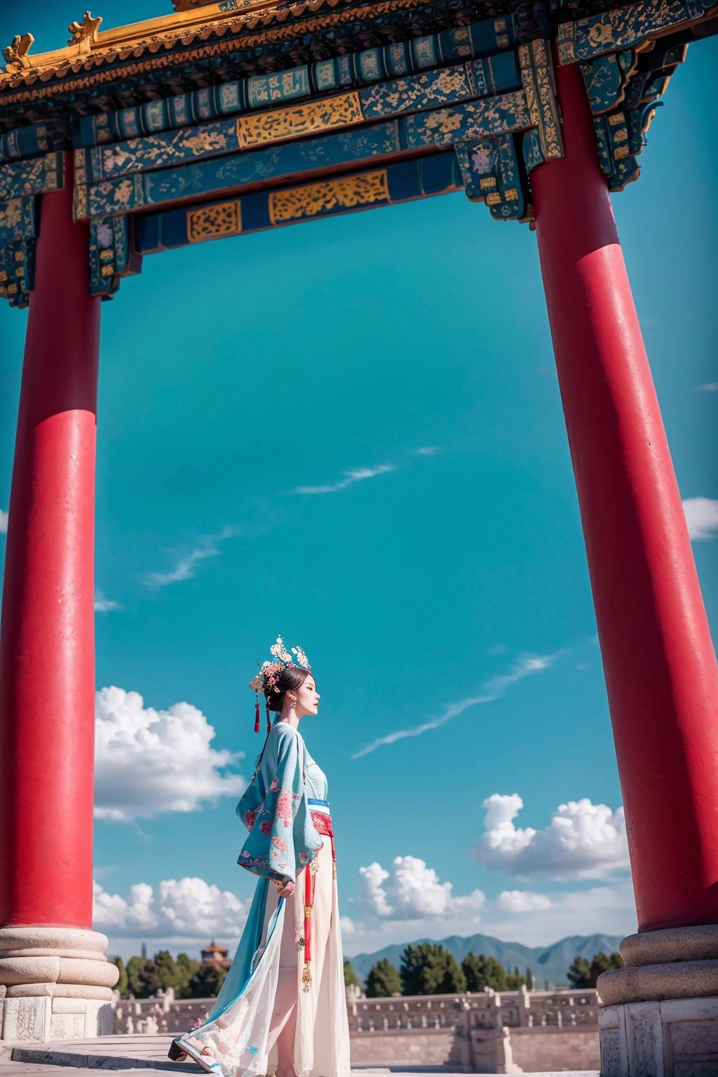 gugong, Sky, cloud, sky, 1 Hanfu girl, fine headdress, full body, Embroidered Flats, foot-free, solo, Audience, outdoor, blue sky, scenery, East Asian architecture, architecture, Forbidden City, road, 8K, photographic light, RAW photos, high resolution, Hyfine profile, Wide Angle