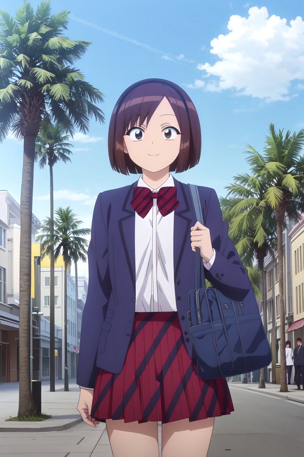 Ayami Sasaki, 4k, absurd, high resolution, ultra high resolution, high definition, masterpiece, illustration, 2d, anime style, 1girl, solo, smile, short hair, skirt, brown hair, shirt, bow, closed mouth, school uniform, jacket, white shirt, pleated skirt, outdoors, sky, day, cloud, bowtie, bag, black eyes, tree, blue sky, red skirt, blazer, blue jacket, building, shoulder bag, palm tree<lora:EMS-466062-EMS:0.800000>