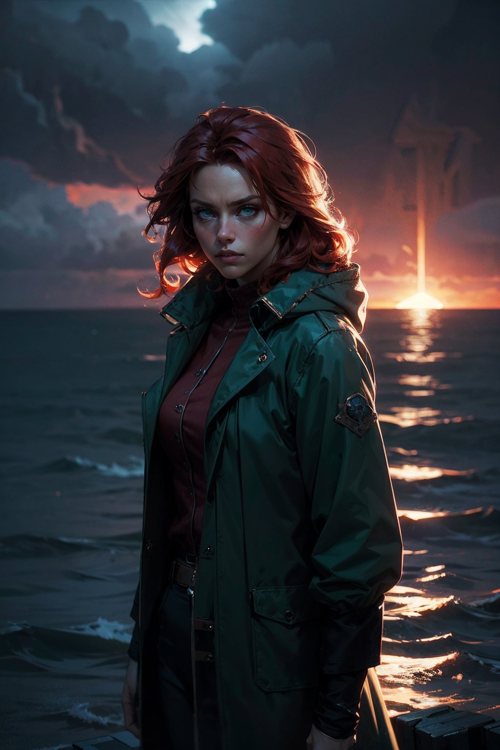 1girl, cowboy shot of redhead pirate lady, long green coat, eye focus, sea, storm clouds, dark atmosphere, sunset, volumetric lighting, depth of field, chromatic aberration, blurry background