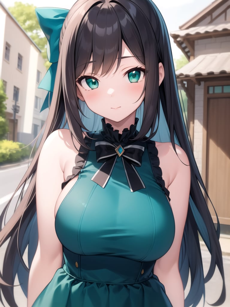 masterpiece,best quality,1girl,outdoors,houses,road,large breasts,upper body,teal dress,bow,frills,sleeveless,ribbons,black long hair,green eyes,looking at viewer