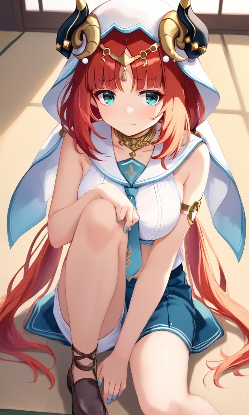 <lora:sdxl-gen-nilou-pony:0.8> gen-nilou, GenshinImpact, 1girl ,aqua eyes, eyeliner, orangered hair, shiny hair, horns, long hair, low twintails, parted bangs, sidelocks, medium breasts, blue nails, circlet, thighlet , neck ring + wavy mouth, +++ fighting stance, hand focus, looking to the side, wide shot from above sitting, cinematic lighting, Sushi Bar, (sailor uniform), sailor hat, iridescence necktie, white pencil skirt, black_footwear, :>