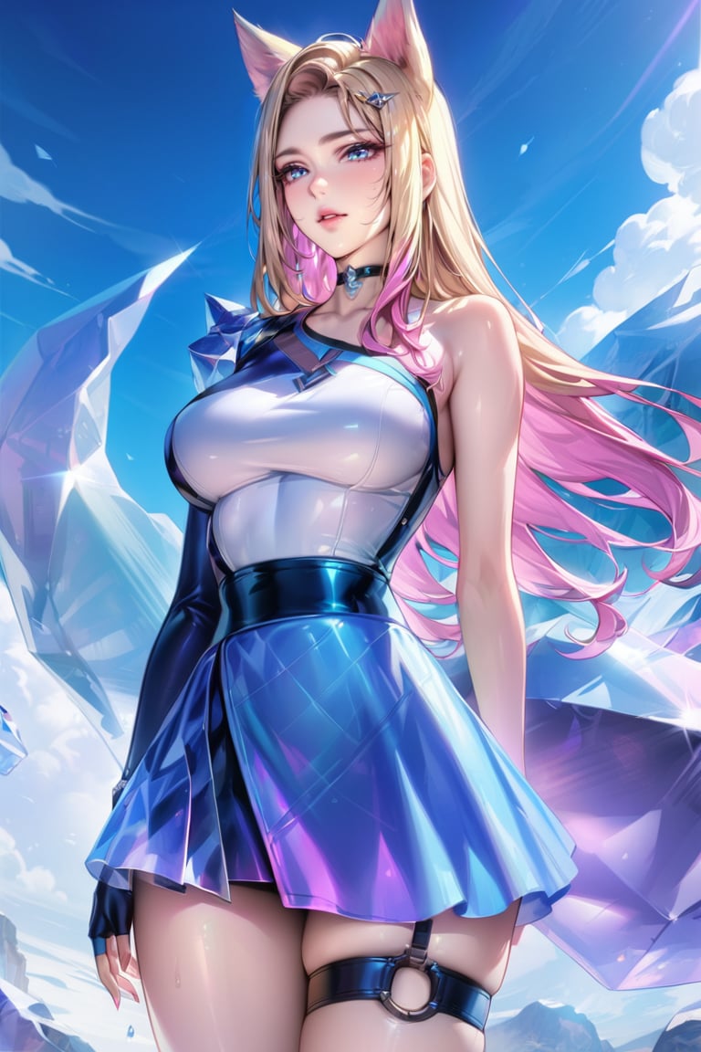 (Masterpiece), mature, HDR,UHD,8K, best quality, Highly detailed, physically-based rendering, extreme detail description, perfect skin, shiny skin, shiny hair,perfect face, 1girl, AllOut, ((asymmetrical_clothing)), blonde hair, blue eyes, pink hair, long sleeve, glove, fingerless glove, thighstrap, multicolored hair, mini skirt, thighs, facial mark, animal ears, tail, crytal, choker,Ahri, blue skirt, white top, K/DA Ahri, bare_shoulder, bare arm, ,LeagueOfLegendsAhri, long hair<lora:EMS-335737-EMS:0.600000>, <lora:EMS-388761-EMS:0.100000>, <lora:EMS-408948-EMS:0.800000>