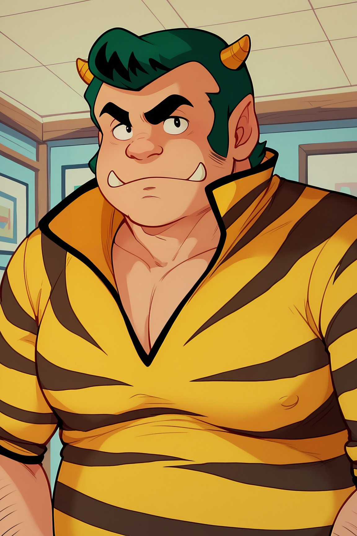 score_9, score_8_up, score_7_up, score_6_up, BREAK, LumFatherUYXL, thick eyebrows, black eyes, green hair, short hair, sideburns, yellow horns, oni horns, pointy ears, fangs, muscular male, fat, tiger print, yellow bodysuit, solo, front view, (portrait, upper body), solo focus, seductive smile, looking at viewer, indoors <lora:LumFatherUYXL:1>