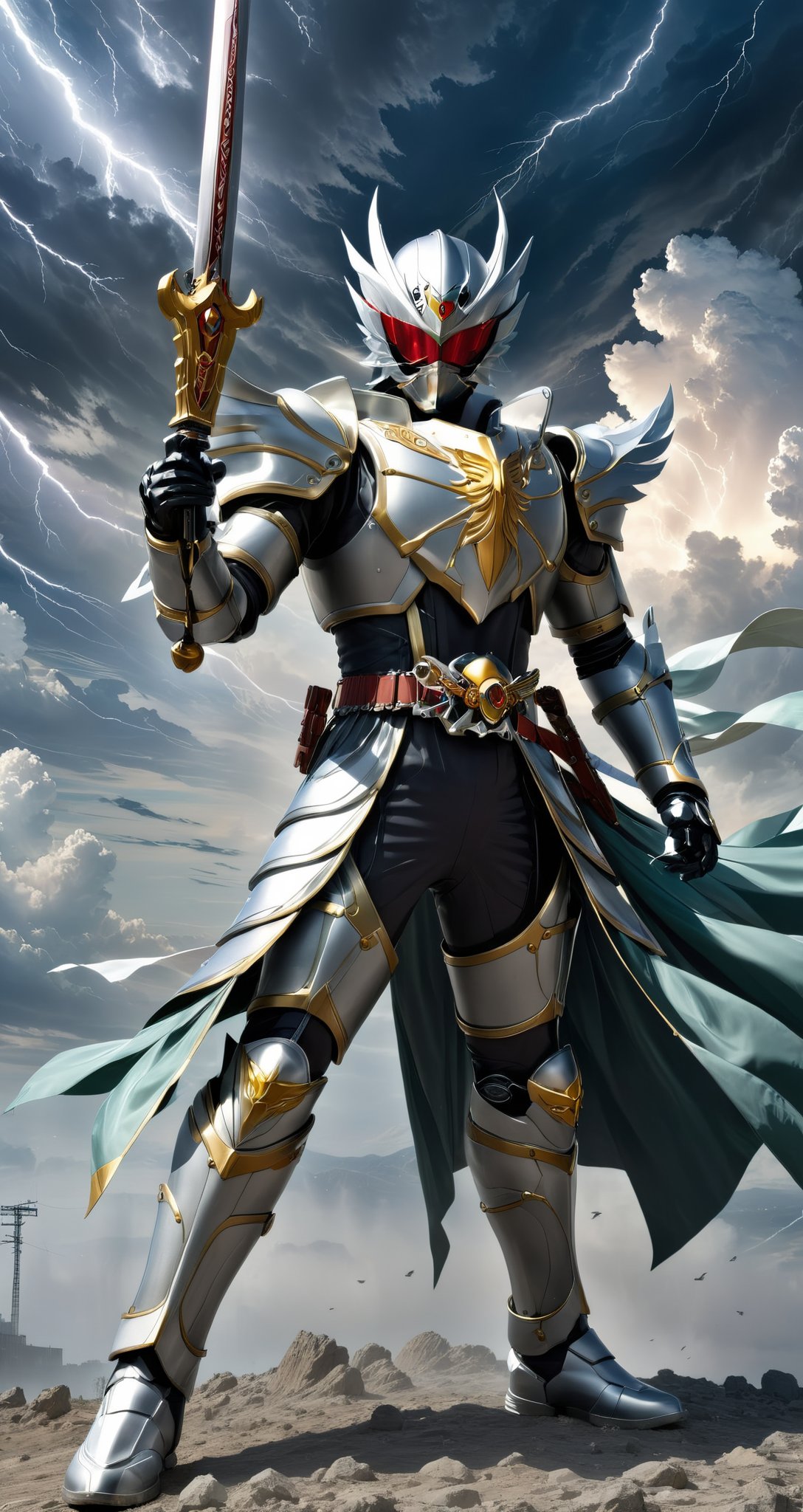 Kamen rider style, Kamen Knight in the High Wind, wearing high wind armor and holding the sword of the storm, shuttles between cities and guards the peaceful sky. Brave and fearless, challenge the forces of evil, and write heroic legends with faith and courage.