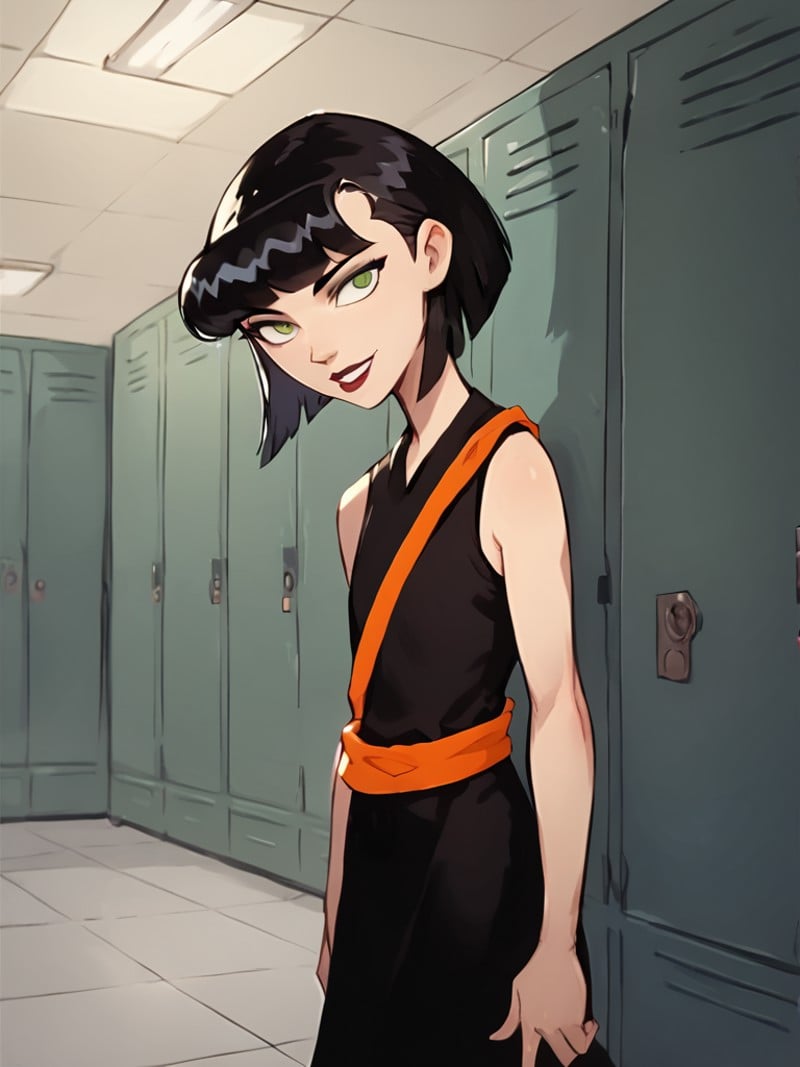 <lora:IngridPony1.0:0.8> ingridthird, 1girl, black hair, solo, short hair, green eyes, black dress,smile,orange sash,  sleeveless, makeup, looking at viewer,  lipstick, bob cut, locker,school,cowboy shot,  score_9, score_8_up, score_7_up, score_6_up <lora:Smooth Anime Style LoRA XL:1>