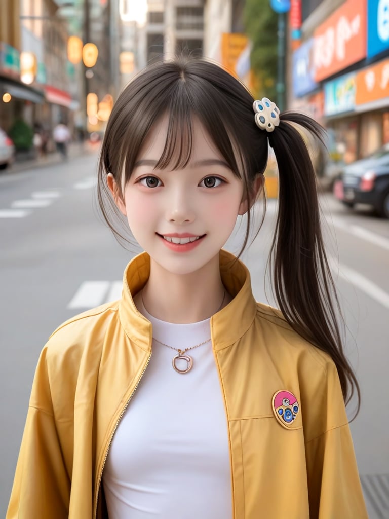 ((score_9, realistic)), ((face focus)), ((fair skin)), ((skinny)), ((walking on street close to storefront)), 1girl, one side up, hair ornament, idol, jpop, kpop, belle, pretty, petite, parted lips, light smile, chiffon jacket, <lora:ADetailerNetidolFace_pony:0.5>,