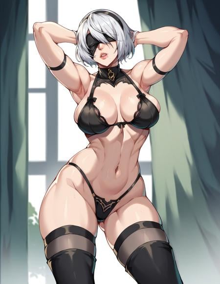 score_9, score_8_up, score_8,  1girl, large breast, navel, wide hips, black cup less bra and black bottom less panties, 2b from nier automata <lora:mifune-10:0.9> 