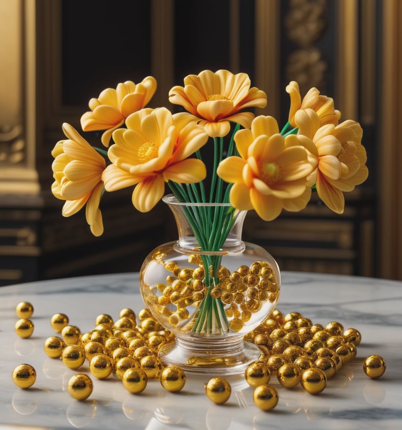 photorealistic movie, (Cinematic Photo:1.3) of (Masterpiece:1.3),(Lonely:1.3) flowers, Bling, gold, HD, Photo, in Marbles, Puzzle, Toy, table,Highly Detailed,(80s Art:1.3),(Classical Realism:1.3),(Rococo:1.3),naturalism,land Art,regionalism,shutterstock contest winner,trending on unsplash,featured on Flickr