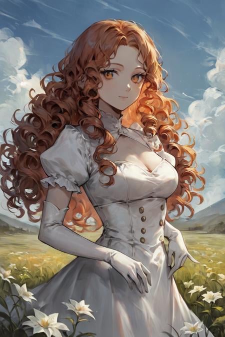 score_9, score_8_up, score_7_up, rating_safe, 1girl, solo, long hair, curly hair, wavy hair, orange hair, orange eyes, looking at viewer, breasts, dress, white dress, puffy sleeves, puffy short sleeves, short sleeves, gloves, elbow gloves, white gloves, cowboy shot, closed mouth, standing, outdoors, field, flower, grass, plant, sky <lora:Concept Art Eclipse Style LoRA_Pony XL v6:1>