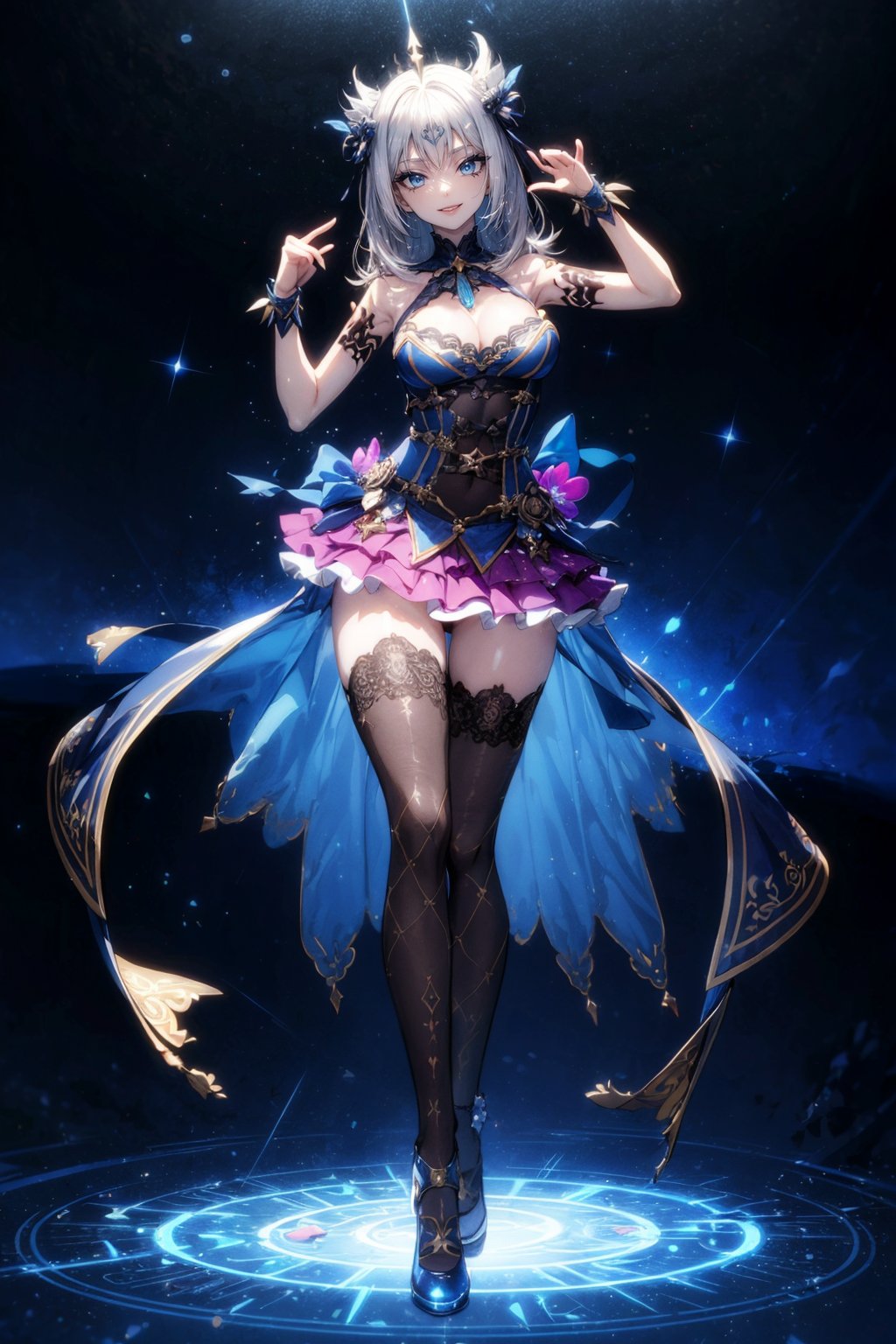 (((Masterpiece, Top Quality, High Resolution))), 8K, Break. ((StyleofEpic Seven))), Cruel, Fallen Angel, Space Devil, Cruel, Evil, Eye Details, Break, Face Details, Accessories, (Full Body Tribal Tattoo), (Alternative Costume & Lace Skirt) Epic Seven ), (Upskirt), (Flashing pants), D-cup cleavage, Break, Very bright colors, Light gathering spirit animal, Light particles, Shining light, Mshiff, Wallpaper art, UHD Change the wallpaper Please, change the cowboy shot, sexy pose, best smile, evil glow,<lora:EMS-179-EMS:0.500000>,<lora:EMS-1093-EMS:0.200000>,<lora:EMS-274899-EMS:0.800000>