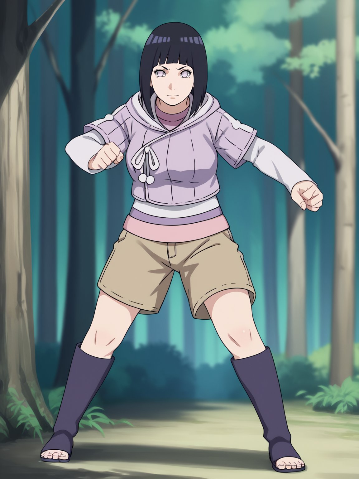 score_9, score_6_up, source_anime, 1girl, mature, milf, hinata_boru, bangs, short hair, black hair, hood down, hoodie, layered sleeves, brown shorts, toeless boots, fighting stance, full body,  looking at viewer,  solo, standing, outdoors, forest   <lora:HinataXLv7:1>