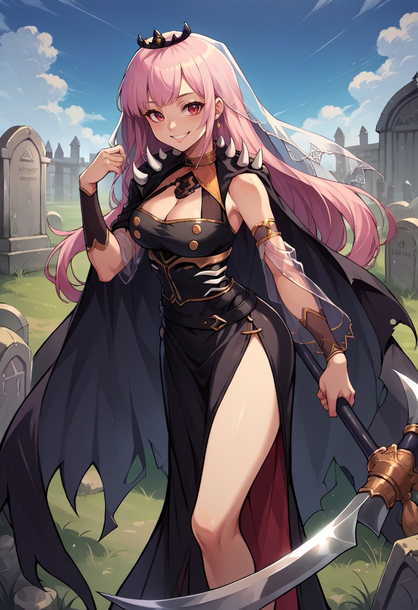 score_9, score_8_up, source_anime, 1girl, solo, MoriBase, long hair, veil, tiara, long black sleeveless dress, cleavage, side slit, torn black cape, shoulder spikes, single black thighhigh, detached sleeves, see-through sleeve, holding scythe, outdoors, graveyard, smile, <lora:CHAR-MoriCalliopePonyXL:1>