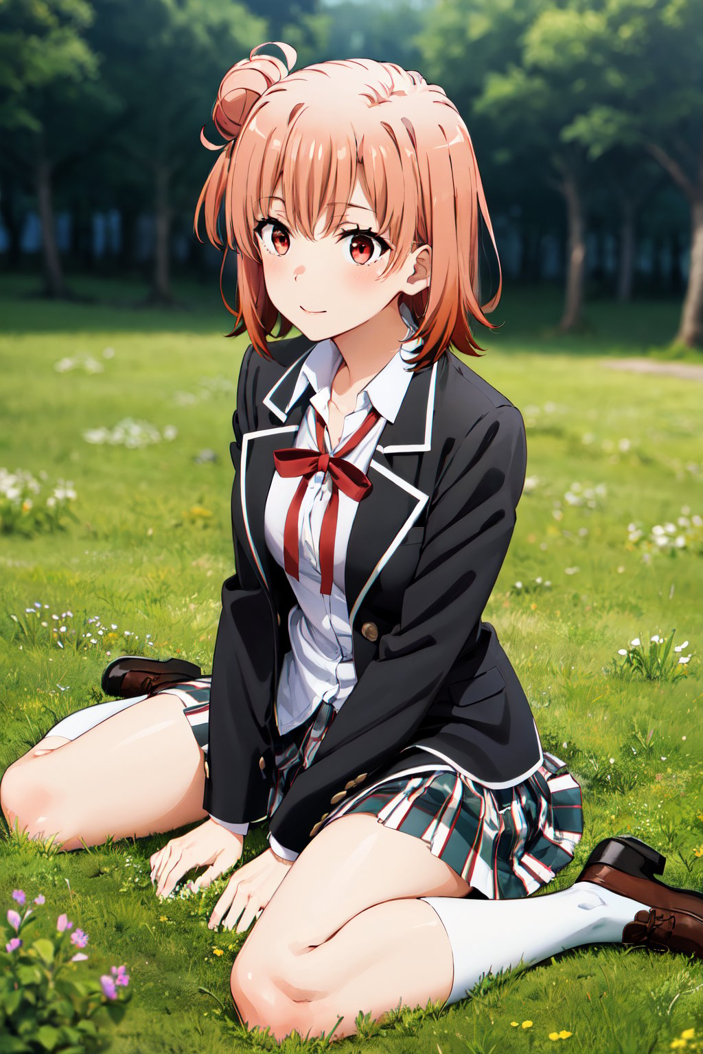 masterpiece, best quality, highres, aayui, short hair, single hair bun, red eyes, breasts, collarbone, neck ribbon, white shirt, dress shirt, blazer, black jacket, open jacket, long sleeves, plaid skirt, <lora:yuigahama_yui_v1:0.7>, warzia, grass, socks, loafers, field