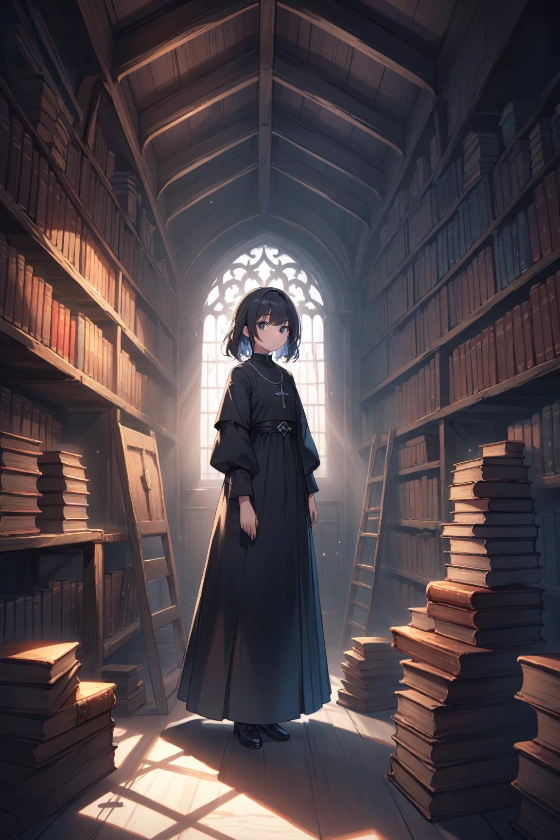 best quality, aesthetic, detailed, by yogisya, by rella, 1girl, priest, explores a dimly lit attic filled with old books, casting eerie shadows on the walls. close up shadows, high contrast, rim light, masterpiece, best quality, high quality, highres, absurdres, very detailed, high resolution, sharp, sharp image, 8k, vivid, colorful, stunning, anime