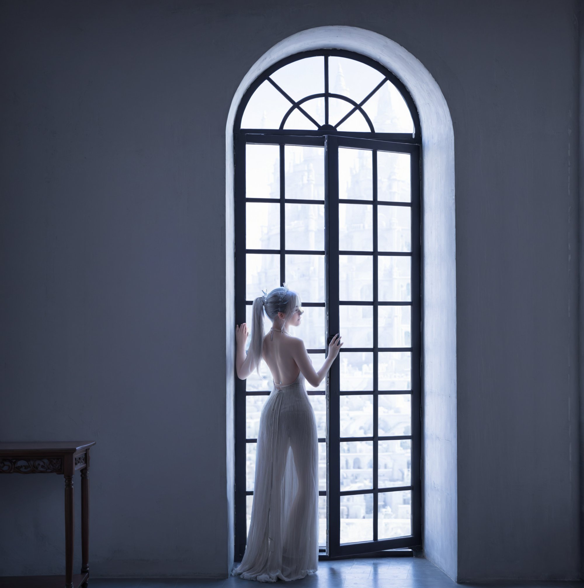 fairy,noble,elegant,beautiful,1girl,solo,dress,window,ponytail,backless dress,backless outfit,indoors,jewelry,standing,bare shoulders,white dress,<lora:jingling-0000010:0.6>,