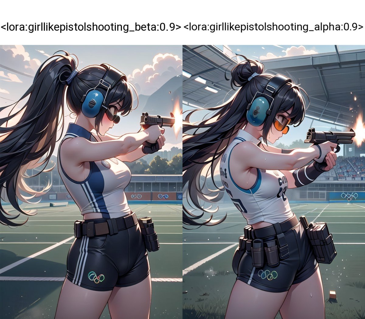 ((pistol shooting)), ((firing range)), (holding air handgun), outstretched arm, muzzle flash, aiming at viewer and target, player uniform, sleeveless, sports shorts, ear defenders, fingerless gloves, olympic games venue, wind, steam, sweat, shadow, 1girl, big tits, profile, standing, (((dark tinted eyewear))), <lora:girllikepistolshooting_beta:0.9>