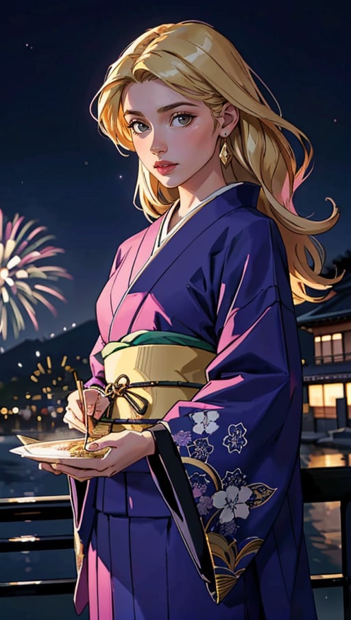 (best quality, masterpiece, colorful, dynamic angle, highest detailed) Realistic photo, fashion photography of a cute European girl with iridiscent blonde hair, flirting with POV, in traditional japanese gold&black kimono, ultra detailed kimono textures, perfect night, kyoto, fireworks, (intricate details, hyperdetailed:1.15), detailed, moonlight passing through hair, (official art, extreme detailed, highest detailed), HDR+