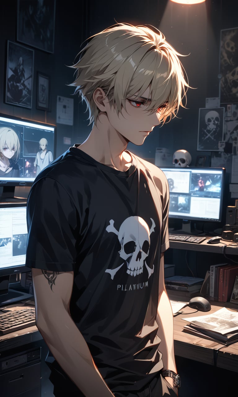 (Depth of field, hdr, 8k wallpaper, cinematic angle, cinematic lighting,:1.1) (masterpiece, best quality:1.45),anime male, platinum blonde hair, red eyes, tattoos, moody expression, casual t-shirt, dimly lit room, eerie atmosphere, computer screens, cluttered desk, skull, dramatic shadows, melancholic mood, introspective scene, anime art style, rebellion