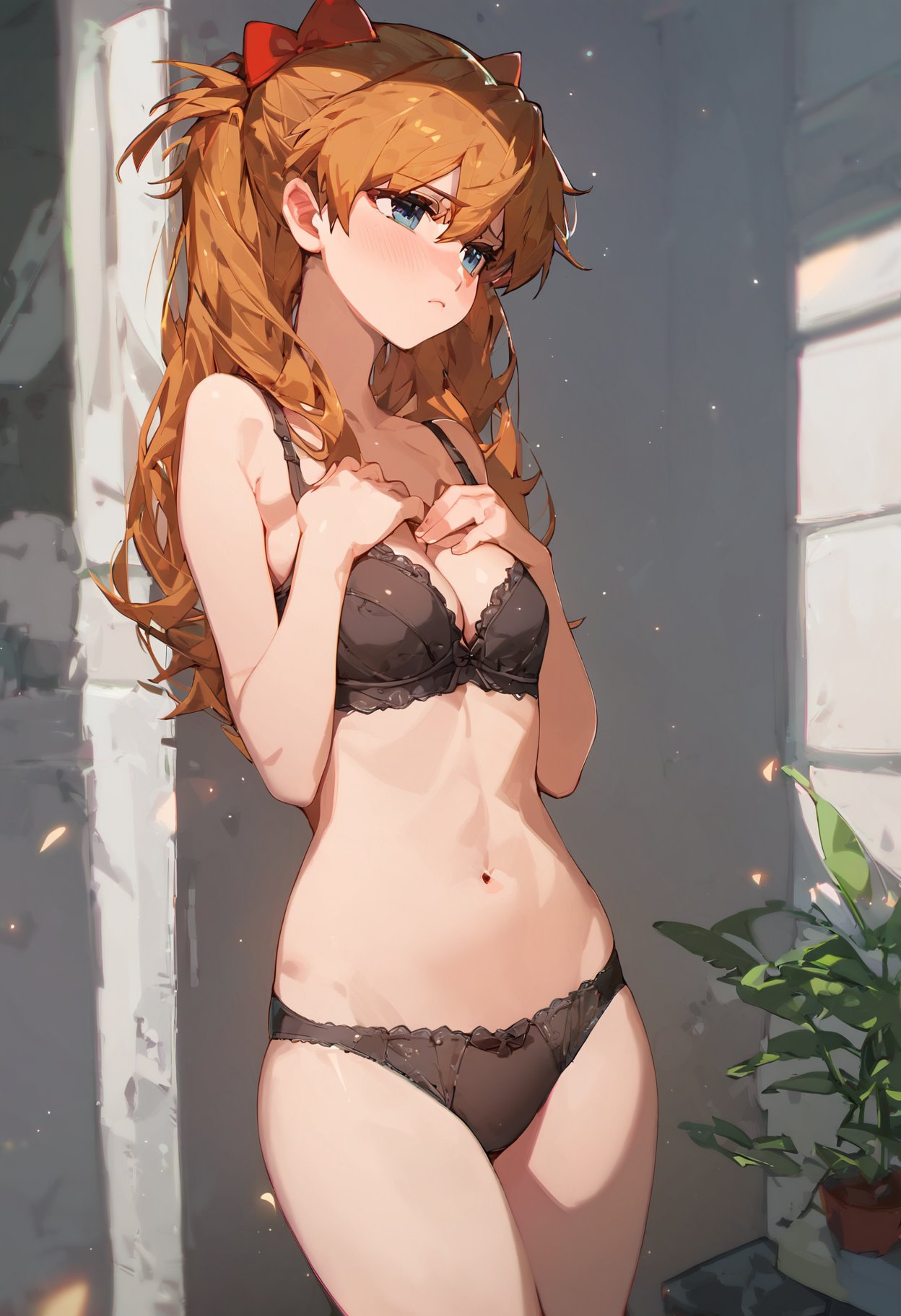 score_9, score_8_up, score_7_up, scenery, BREAKach_ciloranko-artist, chromatic aberration, vibrant colors, 1girl, solo, souryuu asuka langley, indoors, bedroom background, sad expressions, blush, bra, panties, hands on breasts, best quality, detailed, beautiful, beautiful color <lora:Lora_ciloranko-artist-v1:1> 