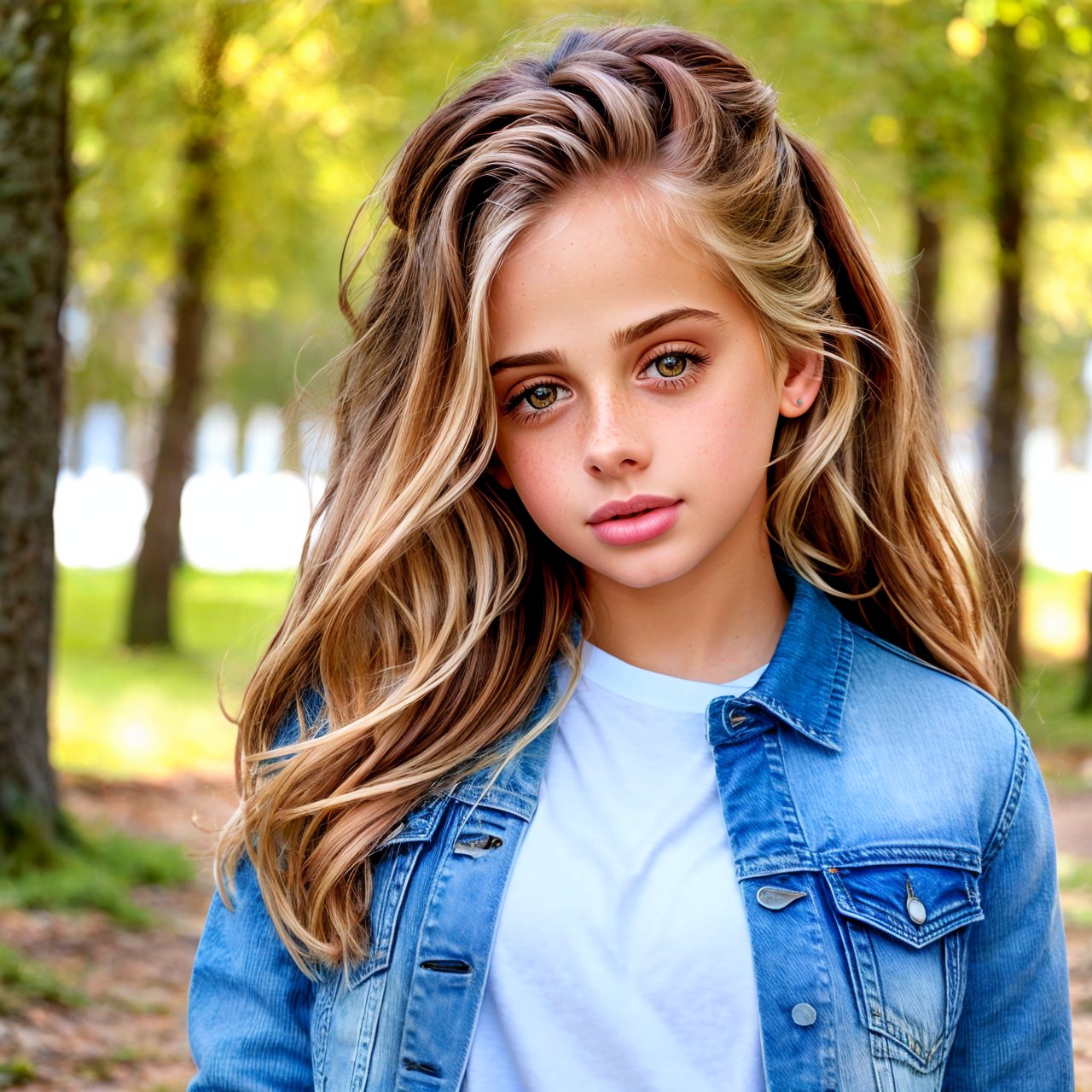 best quality, extra resolution, wallpaper, distant short, full body portrait of beautiful (AIDA_LoRA_InW2017:1.01) <lora:AIDA_LoRA_InW2017:0.90> in a denim jacket and jeans in the field with trees on the backgrounds, outdoors, little girl, pretty face, naughty, funny, happy, playful, hyper realistic, studio photo, kkw-ph1, (colorful:1.1)