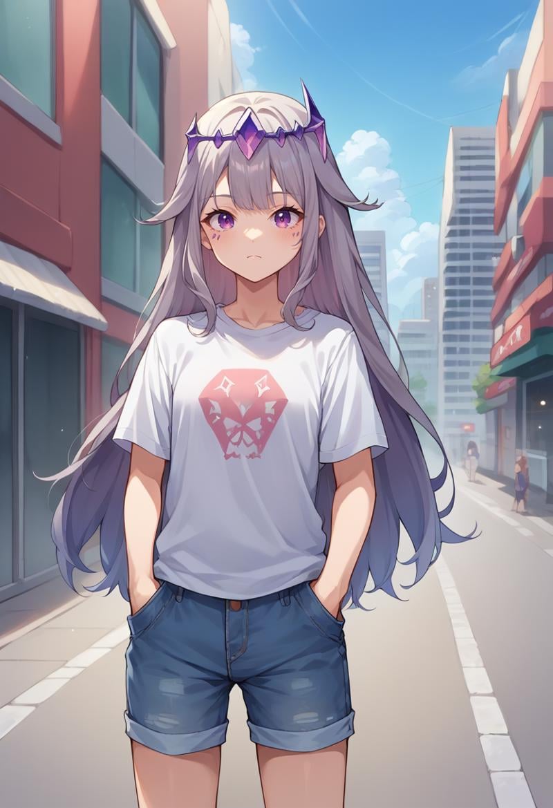 score_9, score_8_up, source_anime, 1girl, solo, KosekiBijou, long hair, hair flaps, floating headpiece, t-shirt, denim shorts, standing, outdoors, city, hands in pockets, <lora:ChamKosekiBijouPonyXL:1>