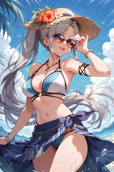 score_9, score_8_up, score_7_up, score_6_up, 1girl, <lora:Niijima_Ibuki:0.9> ibuki, long hair, ponytail, bikini, sunglasses headwear, sarong,