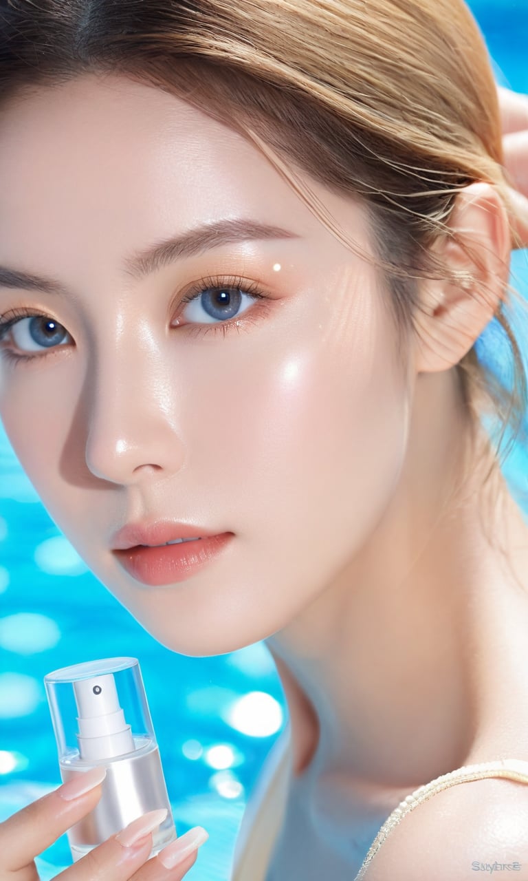 this is a protect skincare product ad photography,a woman with blue eyes looking into the sunlight, in the style of vray tracing, franciszek starowieyski, hyper-realistic water, close up, playful innocence, suehiro maruo, light beige and light amber --ar 3:4 --stylize 750 --niji 6