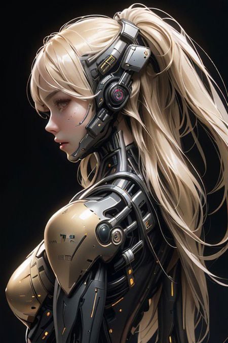 a_photo_of a woman, (3/4 view:1.5), (upper body:1.5), detailed face, futuristic, high-tech ceramic armor, high-tech helmet, cybernetics, golden hair, <lora:Cyberpunk01:50.0>, breath taking futuristic hardware background, 