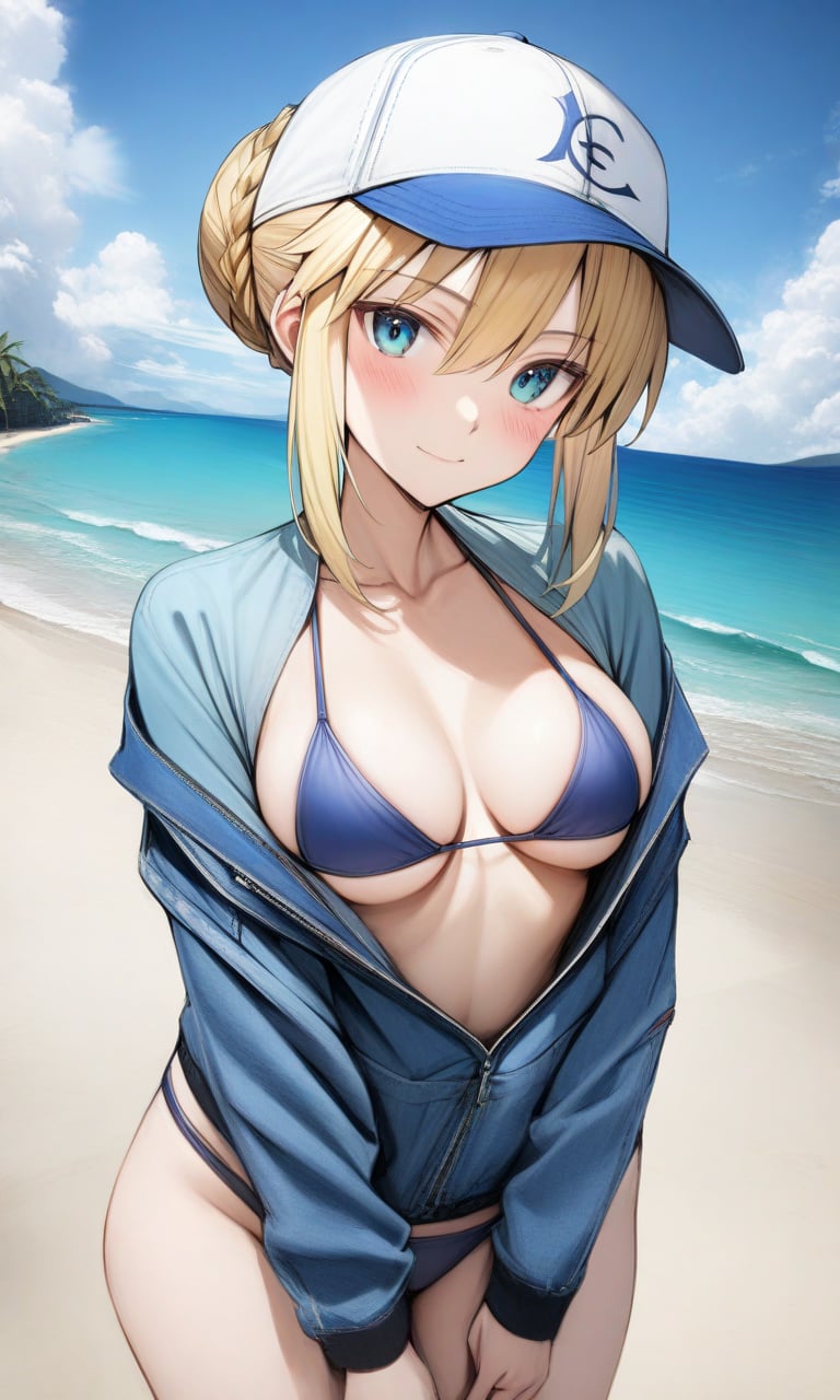 solo, 1girl, artoria pendragon (fate), baseball cap, bikini, blonde hair, blue eyes, blue jacket, blush, breasts,standing, looking at viewer, light smile, upper body, outdoors, beach, masterpiece, best quality, very aesthetic, absurdres, nyatabe, <lora:Nyatabe_XL:1> 