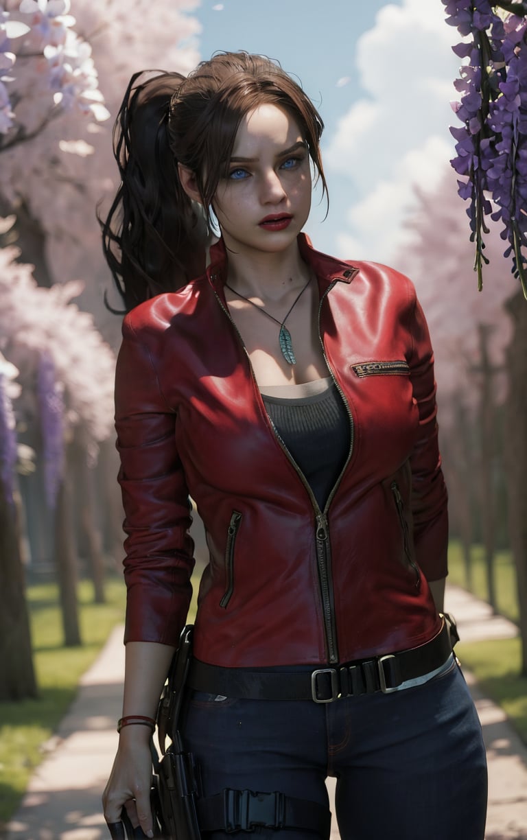 (masterpiece, best quality:1.4), insaneres, absurdres, solo, looking at viewer,BREAK GAME_ResidentEvil2Remake_ClaireRedfield_ownwaifu,  lips, brown hair, blue eyes, ponytail, breasts, long hair, large breasts, nose, red lips, makeup, dog tags, lipstick, jacket, jewelry, necklace, red jacket, pants, belt, denim, jeans, holster, bracelet, zipper, pendant, cleavage, collarbone, thigh holster, long sleeves, silk, leather jacket, (leaning forward, arms behind back), cowboy shot, garden, wisteria, outdoors, <lora:GAME_ResidentEvil2Remake_ClaireRedfield_ownwaifu:0.85> , depth of field 