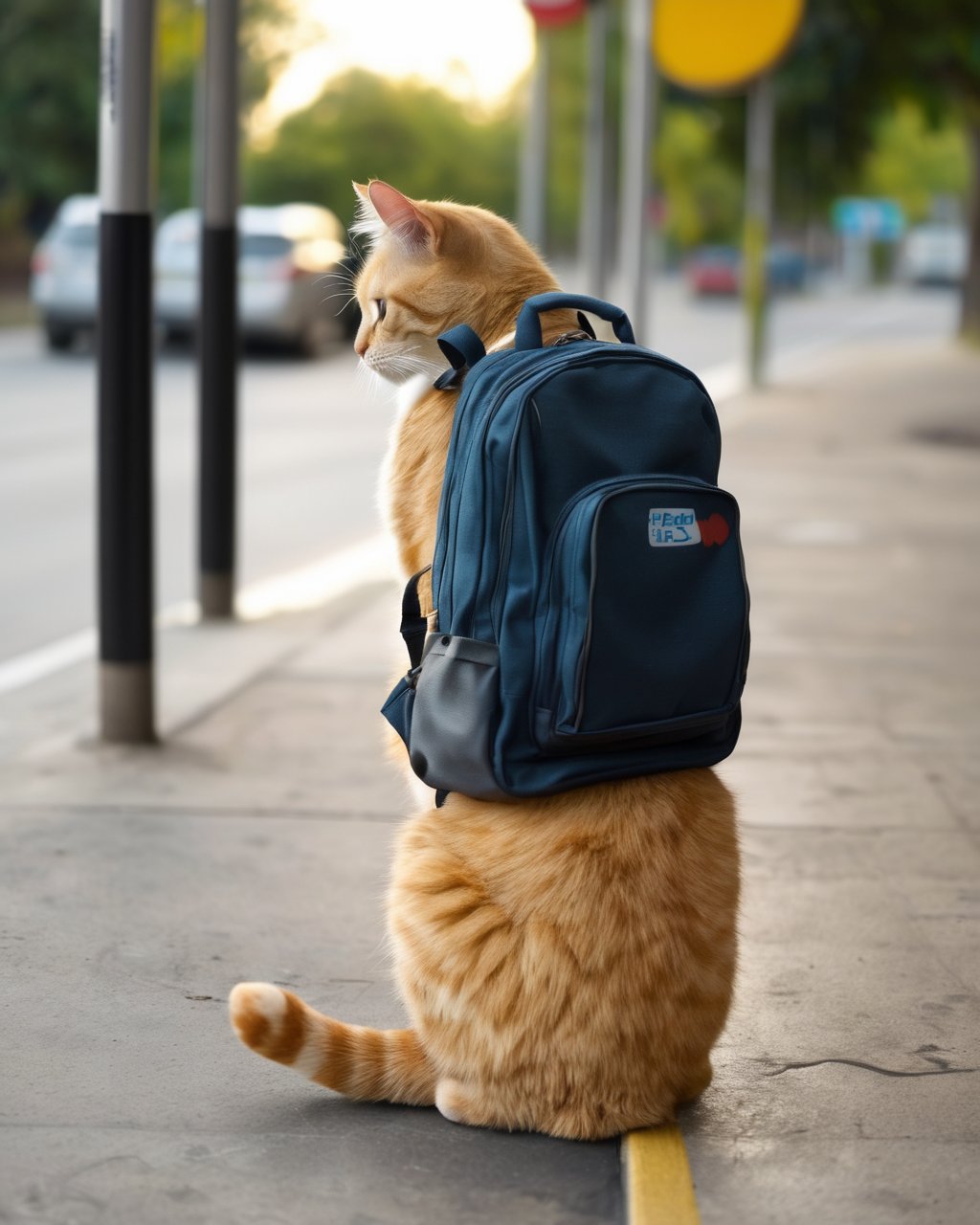 a cat missed the bus now he is sad with his backpack at the bus stop