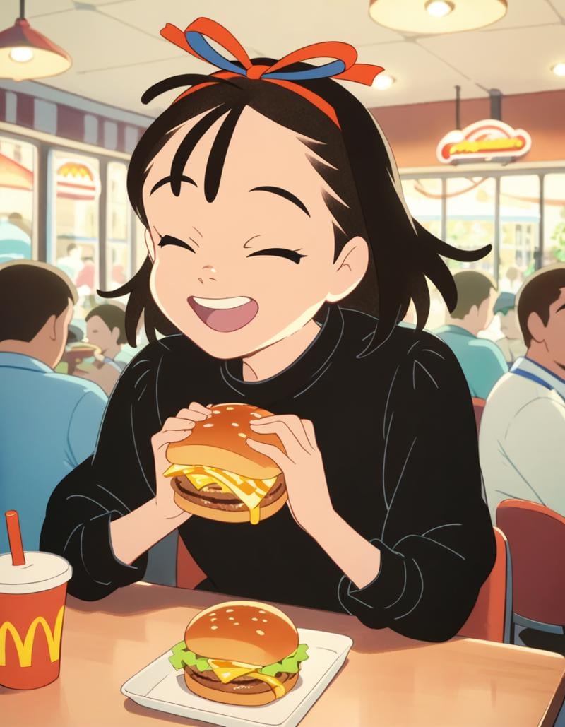 score_9,  score_8_up, score_7_up, source_anime, <lora:kikimac-ponyxl-000009:0.9> 1girl, solo, kikimac, hair ribbon, black dress, dress,smile, open mouth, closed eyes, upper body, holding food, facing viewer, burger, cheese, lettuce, french fries, disposable cup, indoors, mcdonald's