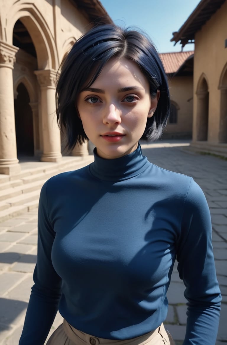 masterpiece of photorealism, photorealistic highly detailed 8k photography, best hyperrealistic quality, volumetric lighting and shadows, short hair dark blue hair young woman in casual clothes, Monasteries or Temples full of busy people, First-Person View (FPV) Drone Perspective