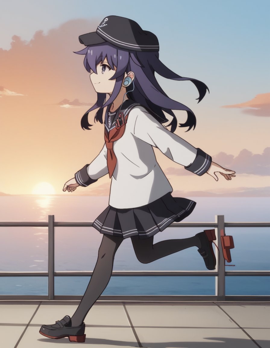 score_9, score_8_up, score_7_up, source_anime, <lora:kancolle-akatsuki-s1-ponyxl-lora-nochekaiser:1>, akatsuki, long hair, hair between eyes, purple eyes, purple hair, akatsuki (kancolle), skirt, shirt, long sleeves, hat, school uniform, pantyhose, pleated skirt, serafuku, black skirt, sailor collar, neckerchief, black pantyhose, red neckerchief, anchor symbol, flat cap,, suburban neighborhood, morning jog, earphones, running shoes, fresh air, sunrise, smile, , smile, from side, solo,, cowboy shot, dutch angle