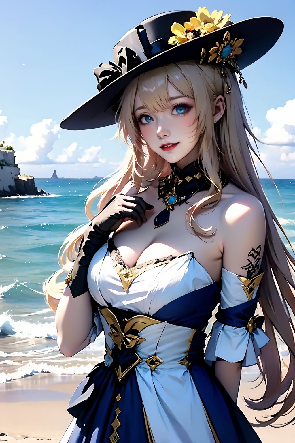 1girl, solo, navia \(genshin impact\), breasts, blue eyes, gloves, long hair, blonde hair, looking at viewer, bare shoulders, outdoors, cleavage, hat, fingerless gloves, black headwear, hat flower, black gloves, dress, beach, sky, detached sleeves, strapless, flower, upper body, day, smile, large breasts, blue sky, strapless dress, cloud, drill hair, water, lips, elbow gloves, red lips, sidelocks, ocean, drill sidelocks, jewelry, very long hair, detached collar, yellow flower, hands up, tattoo, mole, blush, parted lips, makeup, sand, blue dress, pink lips, lipstick, black flower